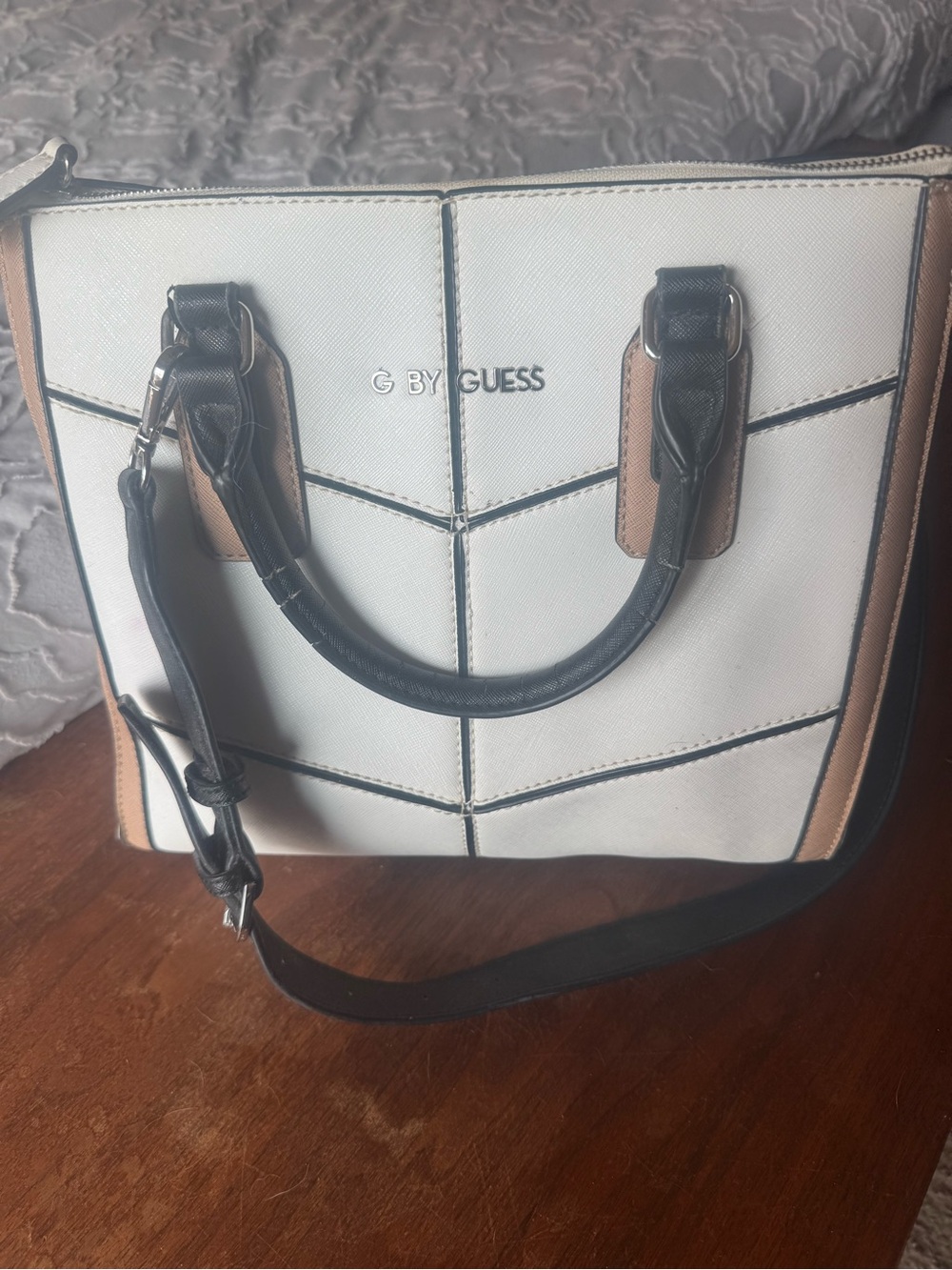 G by Guess White, Black & Tan Panel Satchel